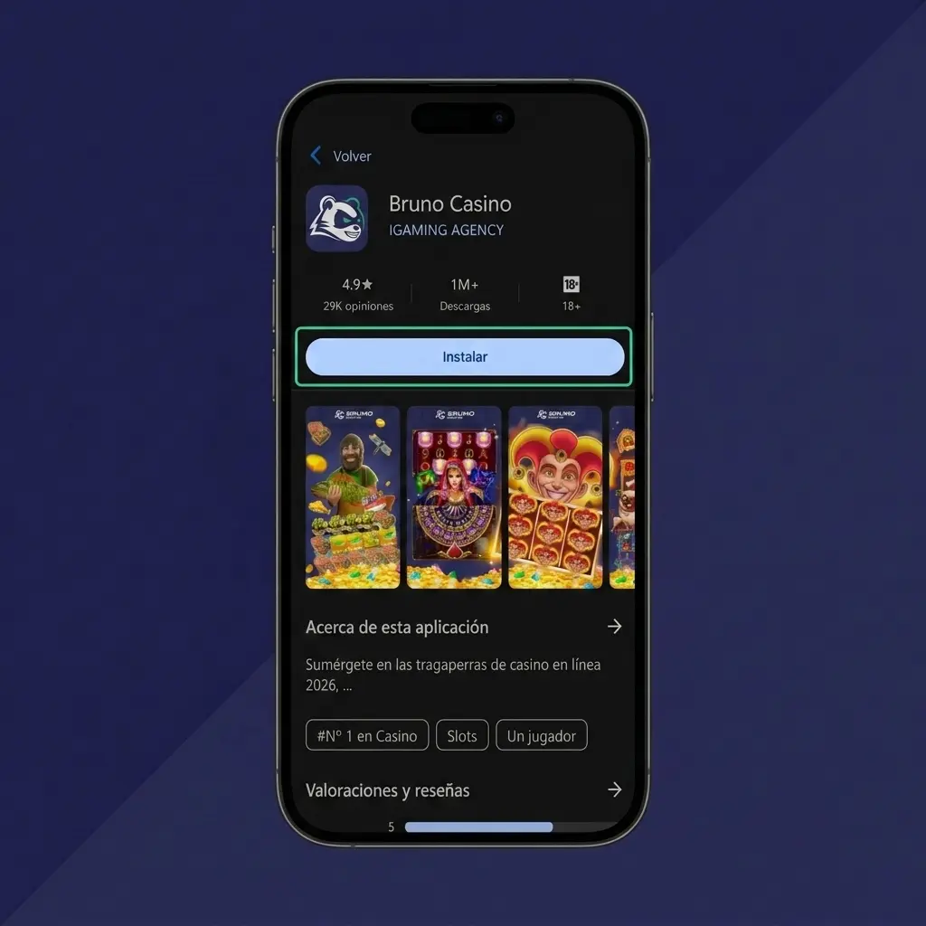 Pantalla de instalación de la app APK de Bruno Casino en dispositivo Android con pasos de configuración