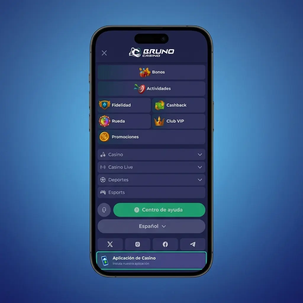 Pantalla de instalación de la app APK de Bruno Casino en dispositivo Android con pasos de configuración