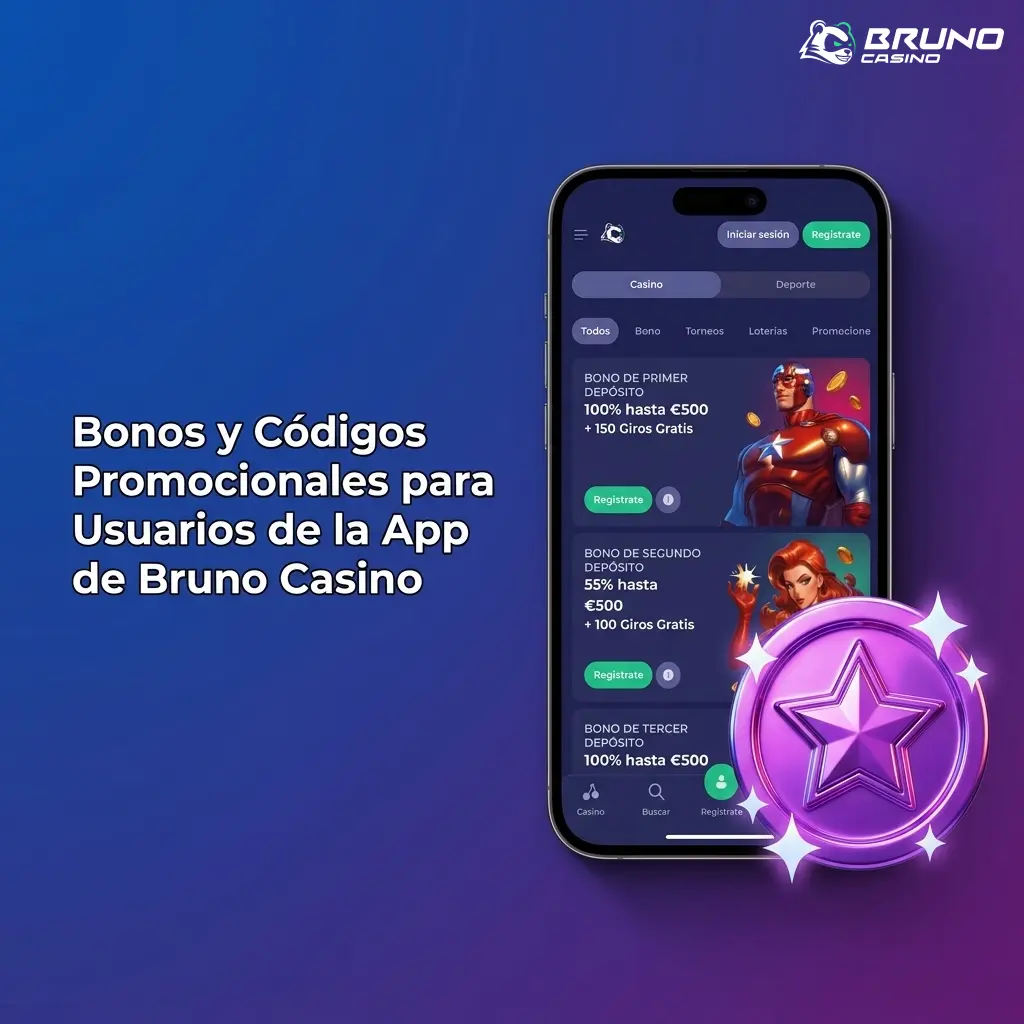 Bonos y códigos promocionales de Bruno Casino app: bienvenida 100% hasta 750 EUR y 150 giros gratis
