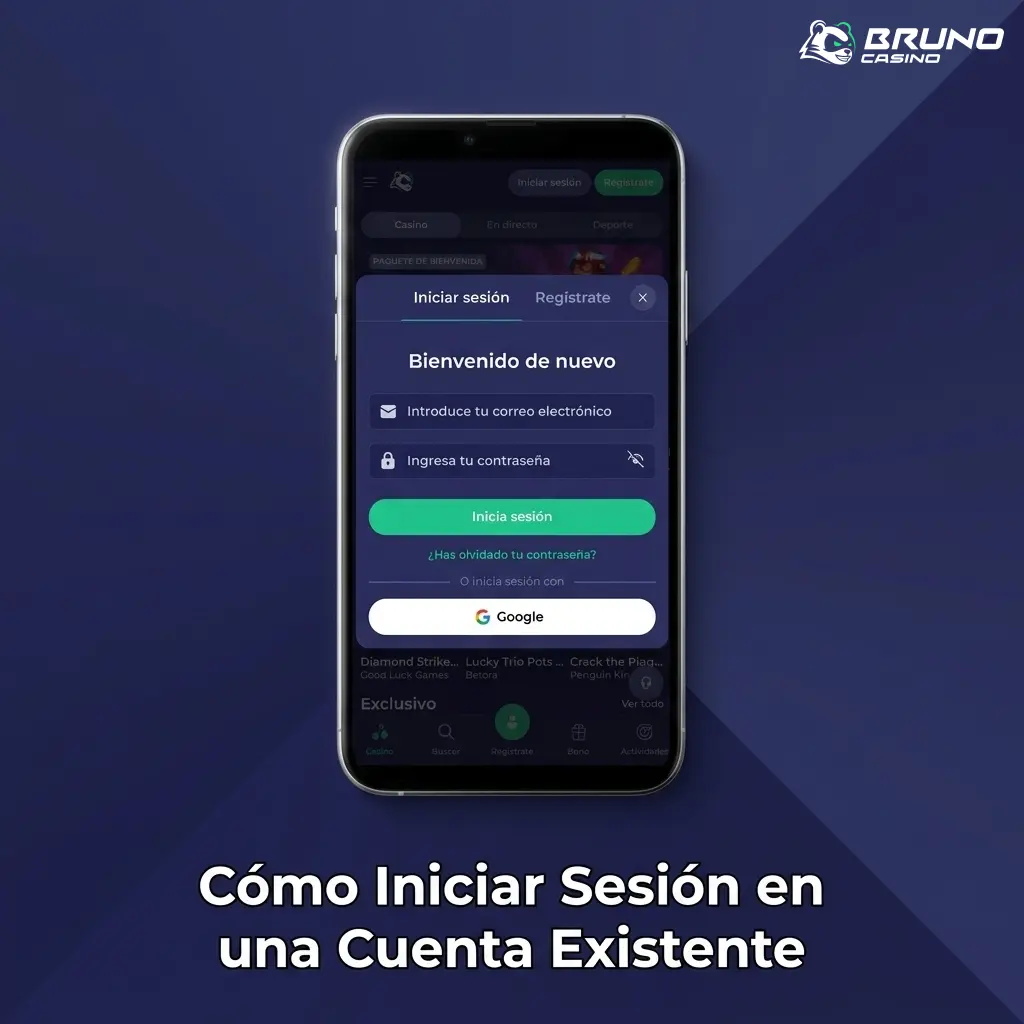 Pantalla de inicio de sesión en la app de Bruno Casino con campos de correo y contraseña