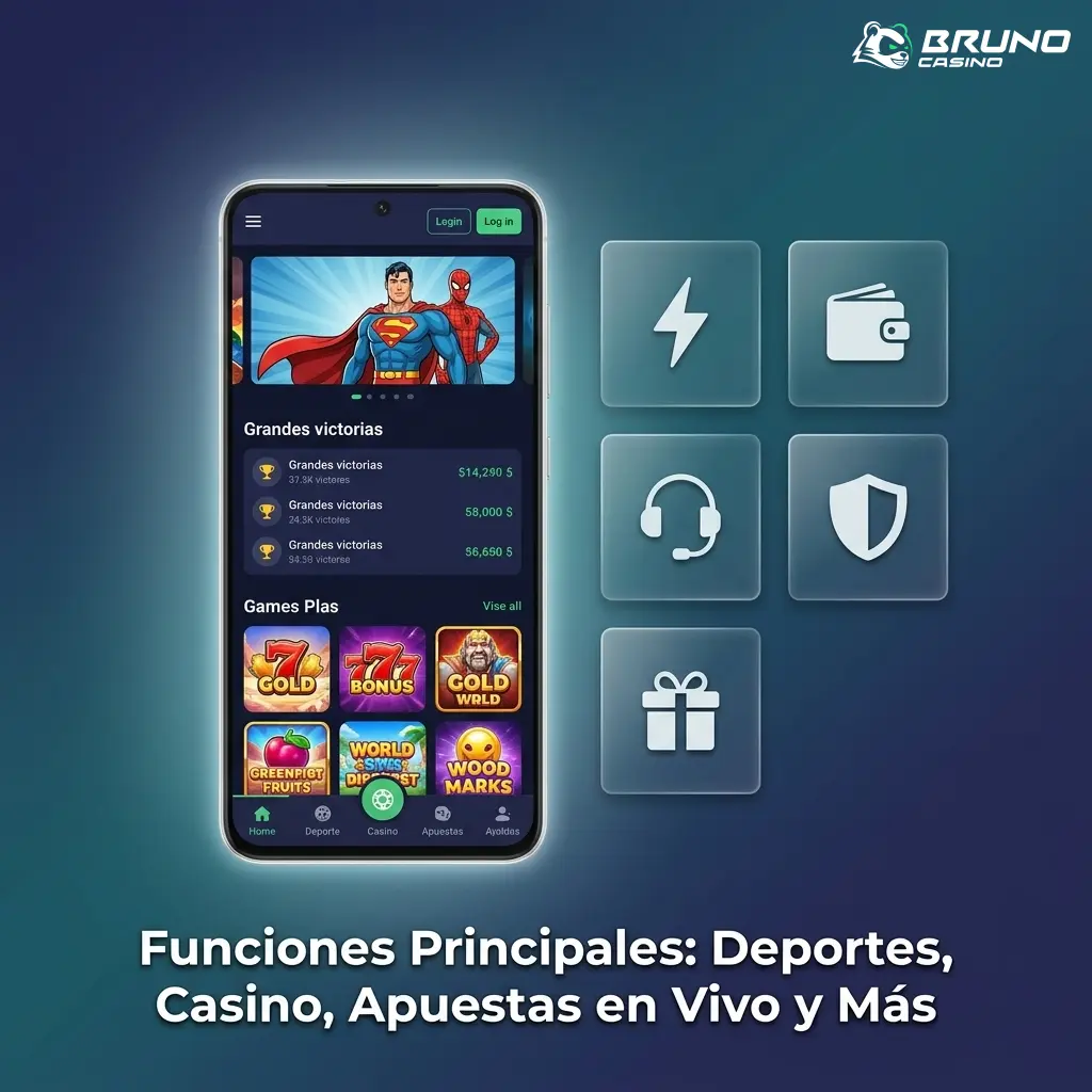 Funciones principales de app: deportes, casino, apuestas en vivo, streaming y bonos accesibles desde móvil