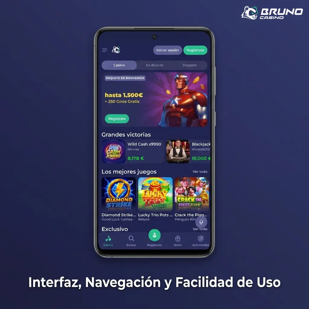 Interfaz intuitiva de app de apuestas con barra de navegación inferior y panel deslizante de boleto