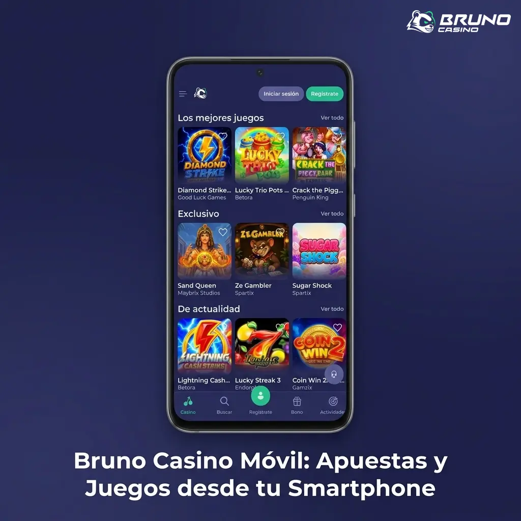 App móvil de Bruno Casino disponible para Android e iOS con acceso a juegos y apuestas deportivas desde smartphone