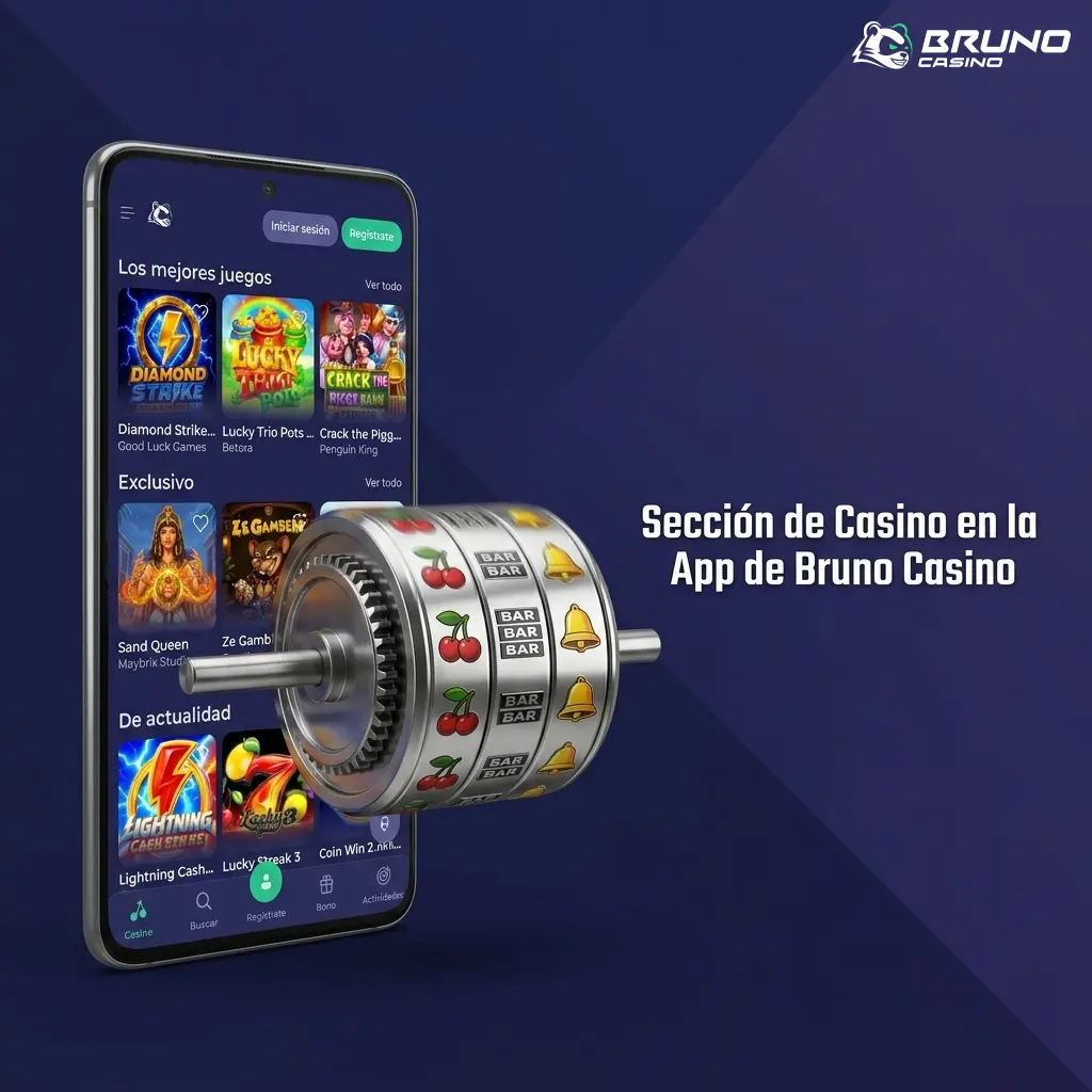 Sección de casino en la app de Bruno Casino con slots, ruleta, blackjack y casino en vivo optimizados para móvil