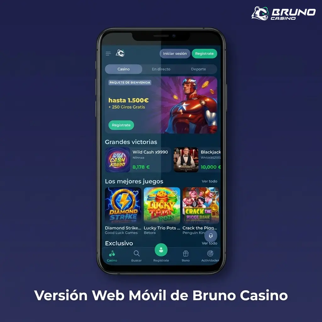 Versión web móvil de Bruno Casino adaptada a cualquier pantalla sin necesidad de descargar aplicación